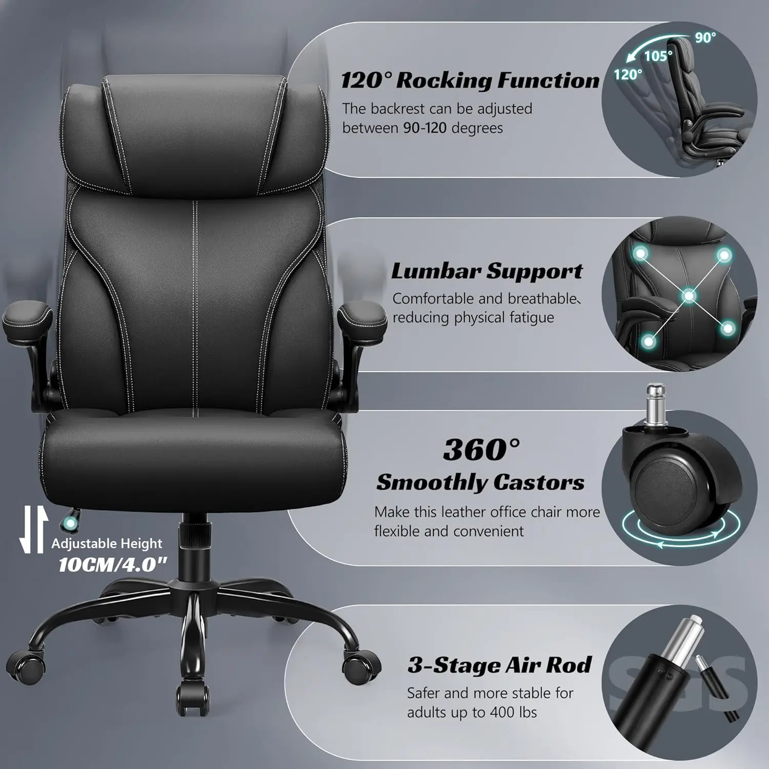 Ergonomic Big Tall Office Chair, Adjustable High Back, Flip-up Armrests, Lumbar Support, Swivel Rocking PC Desk Chair