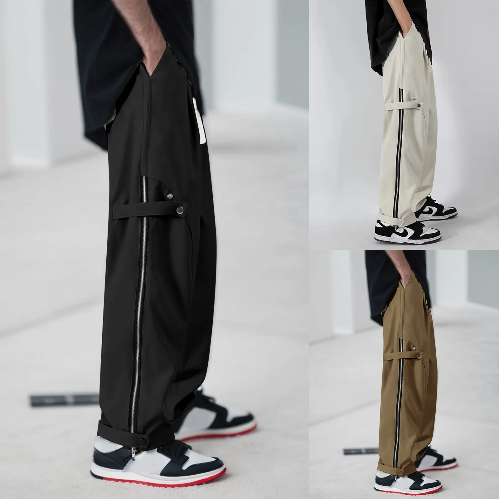 

Side Buckle Wide Leg Men Casual Pants With Pockets Baggy Loose Straight Streetwear Man Trousers Y2k Clothes Pantalones Gym Work