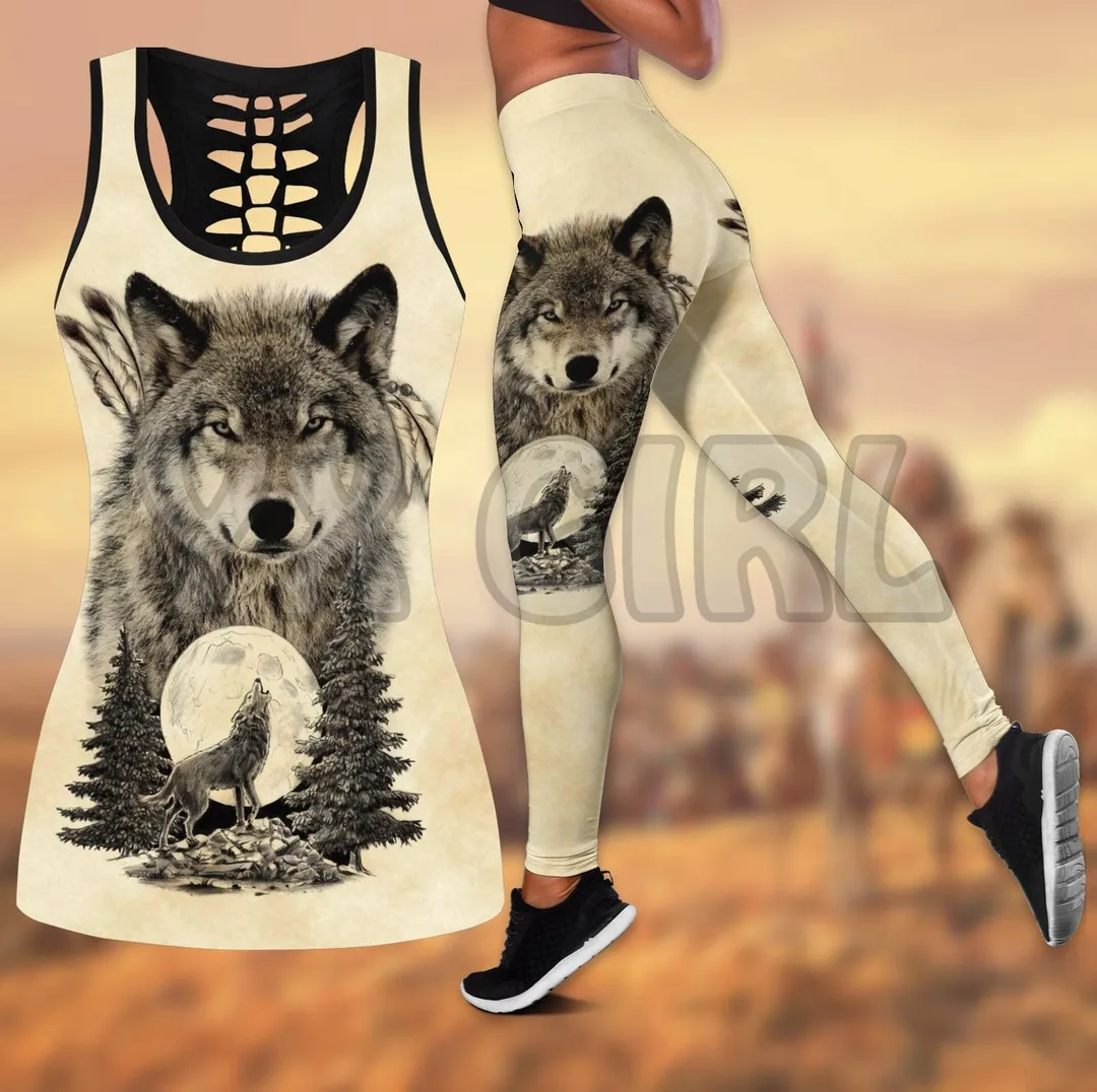 

Native Wolf And Moon Native 3D Printed Tank Top+Legging Combo Outfit Yoga Fitness Legging Women