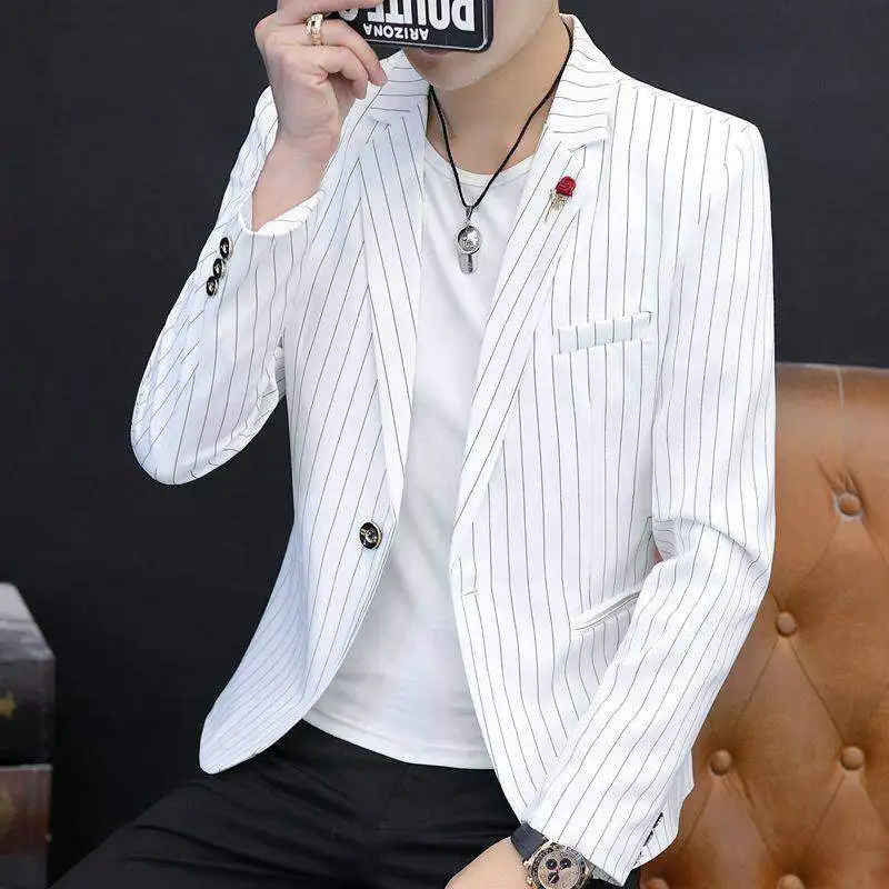 

Модный мужской пиджак в полоску, приталенный, повседневный, для ночного клуба, однобортный, с длинными рукавами, из полиэфирного волокна, в городском стиле