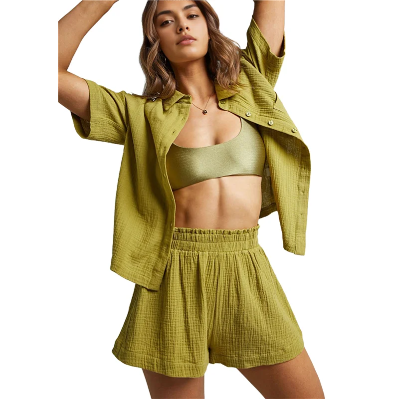 

ABRT-Женская повседневная одежда из 2 предметов, комплекты из хлопка и льна, рубашка на пуговицах, шорты, курортная одежда, пижама 2025, комплект пляжного покрытия