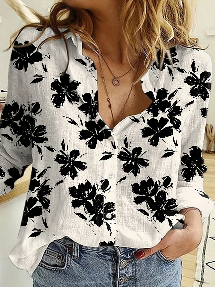 Urban Street Fashion Trend Veelzijdige damestop, zwart-wit kleurblokken, casual damesshirt met bloemenprint en lange mouwen