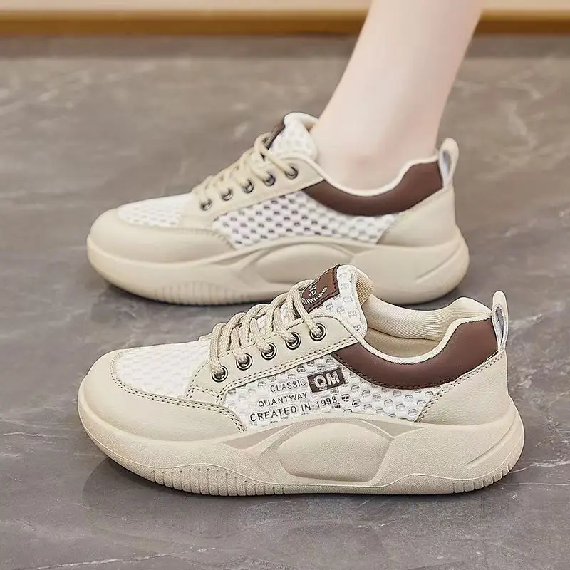 

Women Mesh Hollow Out Lace Up Casual Sneakers Summer New Thick Sole Non Slip Breathable Casual Board Shoes Walking Shoes