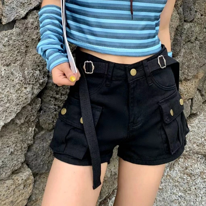 Cargo Denim Shorts Women High Waist Big Pockets Safari Style Feminino Stylish College American Retro Streetwear Youthful Шорти