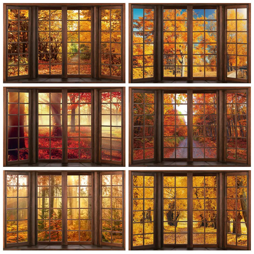 Autumn Fall Window Photography Backdrop Maple Leaves Farm Sunshine Harvest Thanksgiving Portrait Baby Shower Photo Background