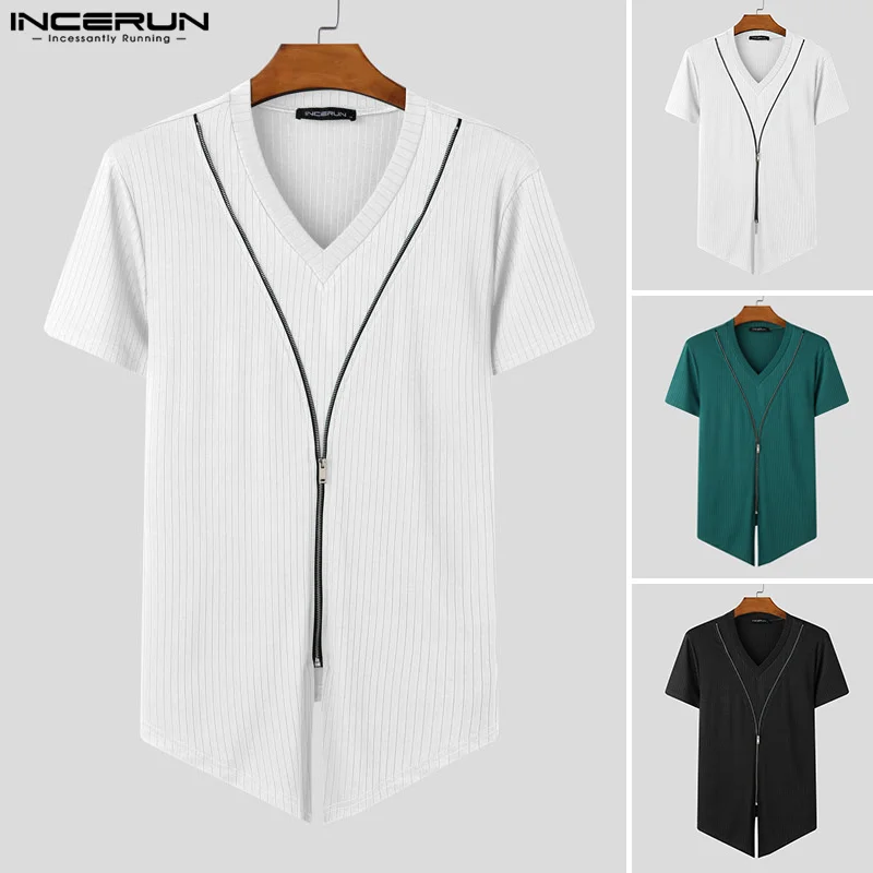 Magliette a maniche corte Tee Moda Cerniera T-shirt da uomo Tinta unita Top irregolari INCERUN Scollo a V 2025 Party Streetwear T-shirt oversize