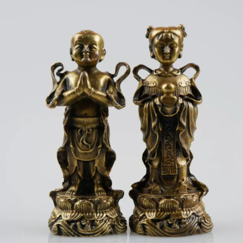 

Chinese antique bronze golden boy and jade girl statue ornament a pair home living room desktop decoration handicrafts