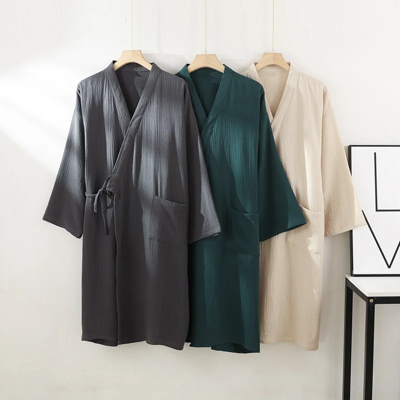 

Халат из 100% хлопкового крепа для мужчин и женщин, тонкий домашний халат для сна, новинка 2025 года, японский весенне-летний парный халат-кимоно