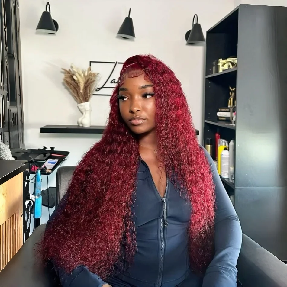 

Парик с глубокой волной, цвет 99J бордовый, 13X4 HD Lace Frontal, из бразильских человеческих волос, 13X6 с прозрачным кружевом, кудрявый, для женщин