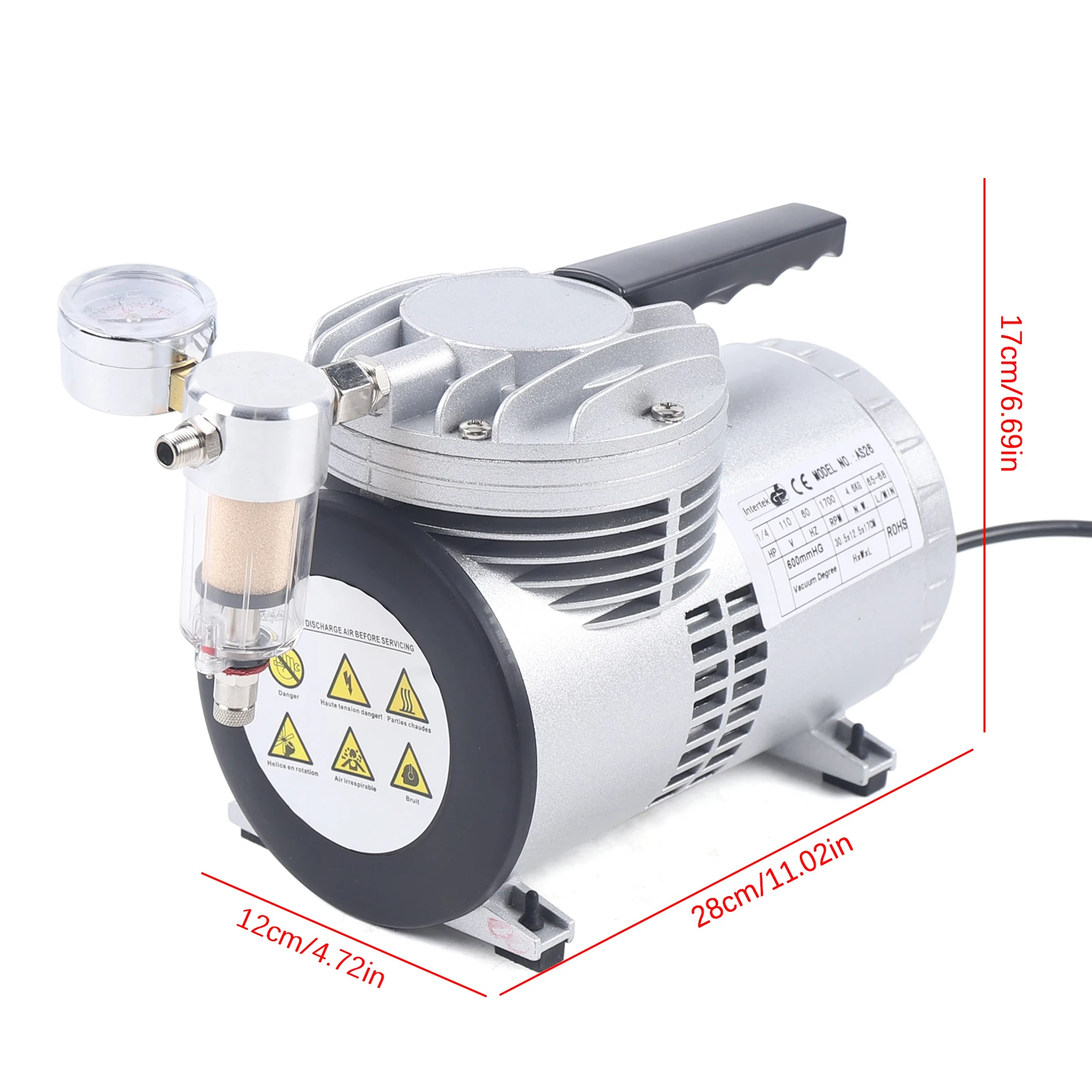 BYMAOCAR 1/6HP Oilless Diaphragm Vacuum Pump 20-23L/min 1450/1700r.p.m Oil Free Suction Pump for Food Packaging Handicrafts