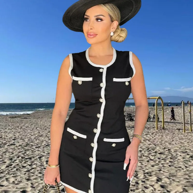 

Classy Little Chic Knit Dress Sleeveless Pearl Button Mini Skirt Feminine Sexy Summer Casual Vest Dress Elegant And Stylish