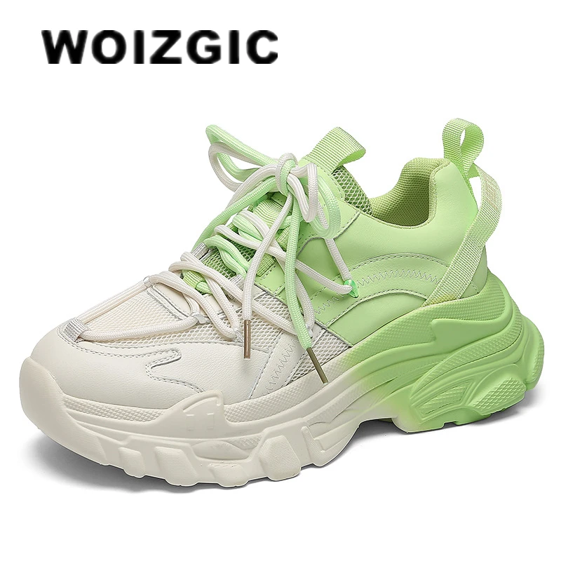 

WOIZGIC Female Women Ladies Girl Genuine Leather Shoes Platform Mesh Sports Lace Up Breathable Running Sneakers Vulcanized Shoes