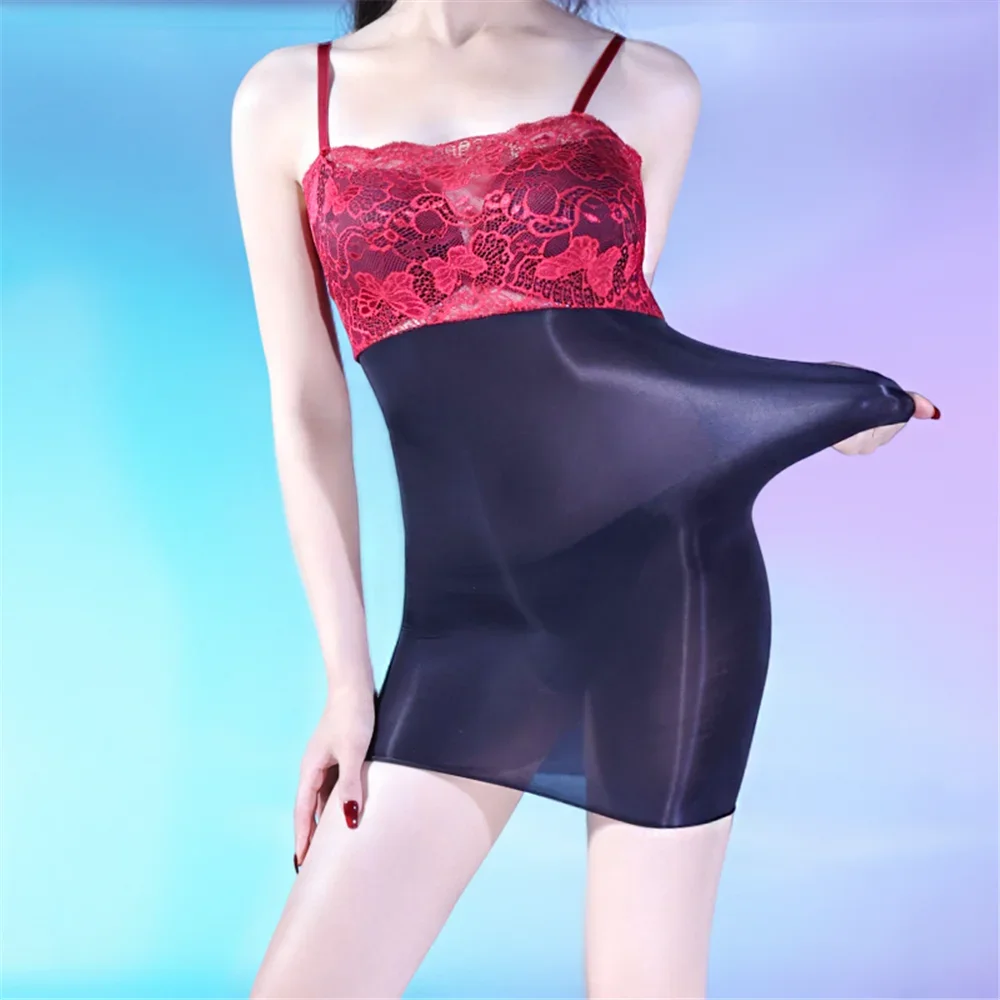 Womens Exotic Dress Lace Top Oil Shiny Suspender Dresses Silky Ultra-Thin 5d Sheer Hip-Hugging Cute Nightdress Night Club Wear