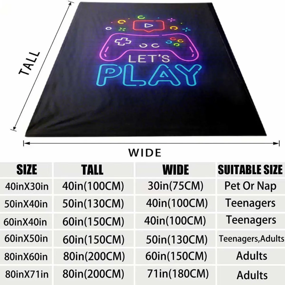 Neon Game Controller Let's Play Text Print Dark Base Flannel Throw Blanket, Soft Warm Sofa Cover, Game Gift For Bedroom Daily