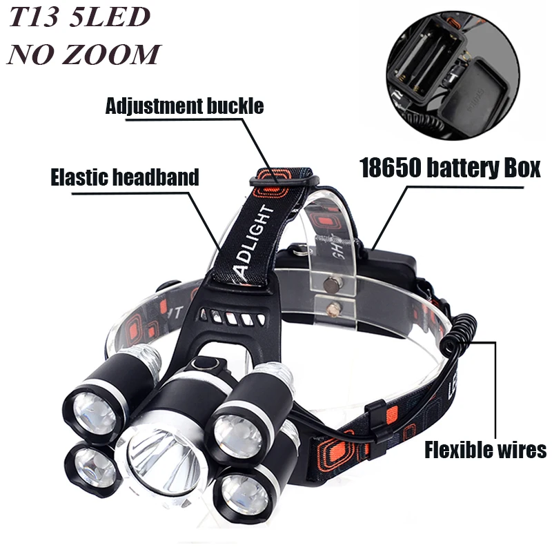 Led Headlamp Fishing Rechargeable Headlight 5*T6 Rechargeable Torch Hunting Head Lamp Camping Flashlight For 18650 battery