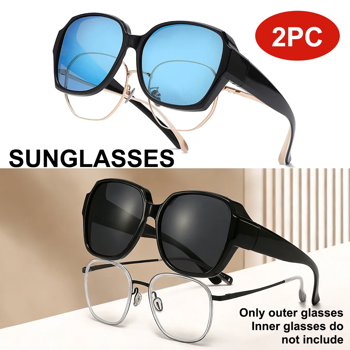 2er-Pack Polarisierte Übergroße Überbrille-Sonnenbrillen für Herren Eckige Passform Polarisierte Sonnenbrillen UV400 T01