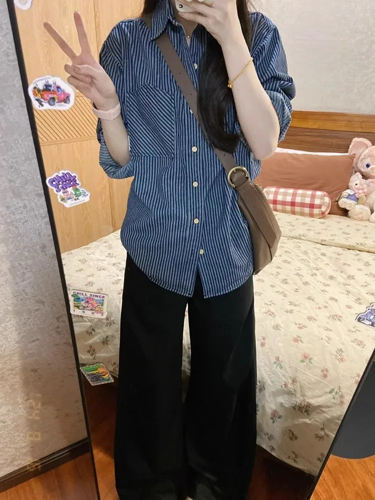 

Retro Autumn Women Blue Striped Elegant Single Breasted Shirt Korean Long Sleeve Fashion Loose Blouses Ladies Popular Tops Trend