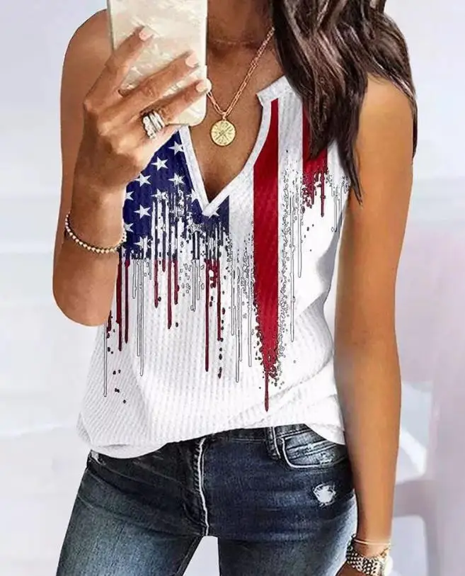 

Women's Sexy Tank Top 2024 Spring Summer Latest Casual Independence Day Flag Print Notch Neck Sling Sleeveless Daily Vest