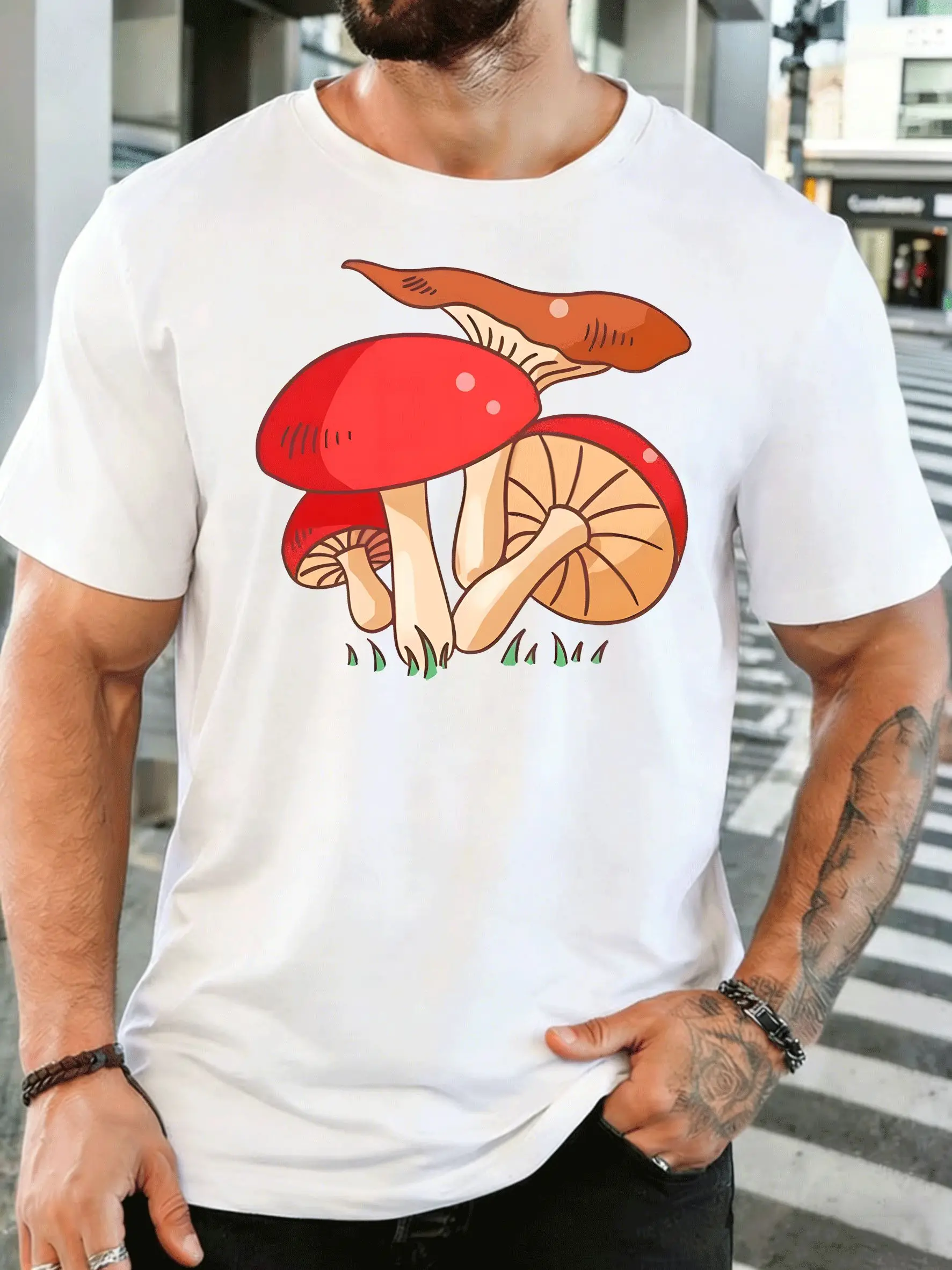 Cute Wild Red Mushrooms Cluster Men Front Print T Shirt Nature Fungi Graphic Tee Casual Short Sleeve Top Plant Nature Lover Gift