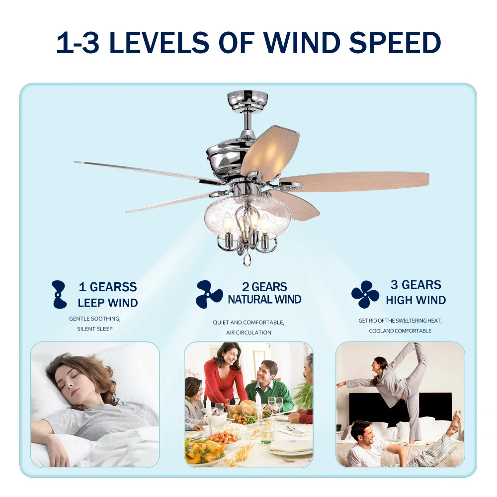 Ventilatore da soffitto cromato da 52 pollici con telecomando e luce Motore reversibile a 3 velocità per soggiorno, sala da pranzo, camera da letto, cucina, stanza degli ospiti