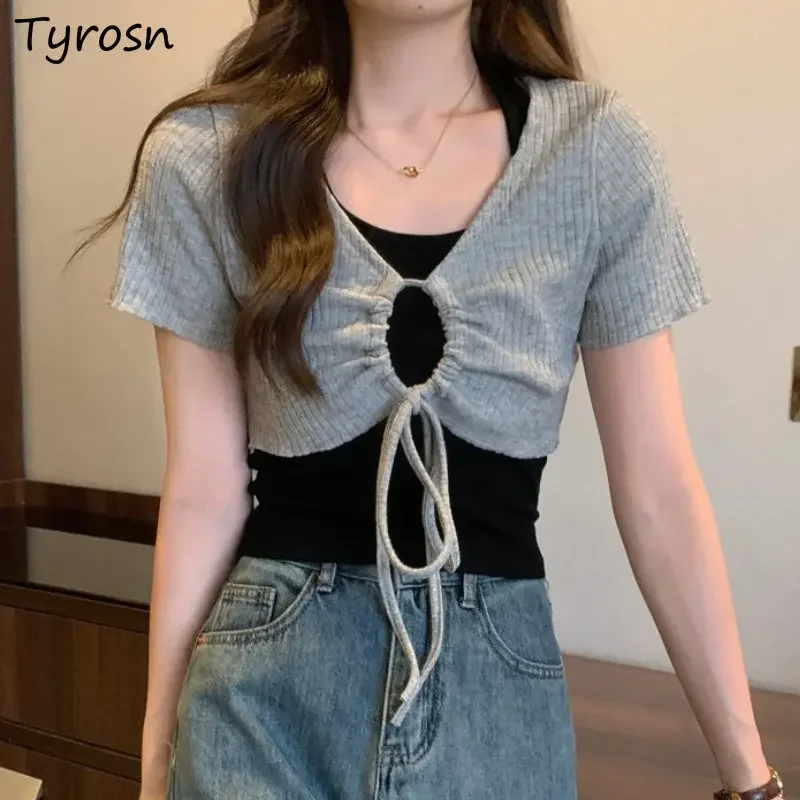 

Майки, комплекты футболок, женские простые дизайнерские летние универсальные сексуальные комплекты для отдыха в корейском стиле, нежные гофрированные элегантные модные комплекты