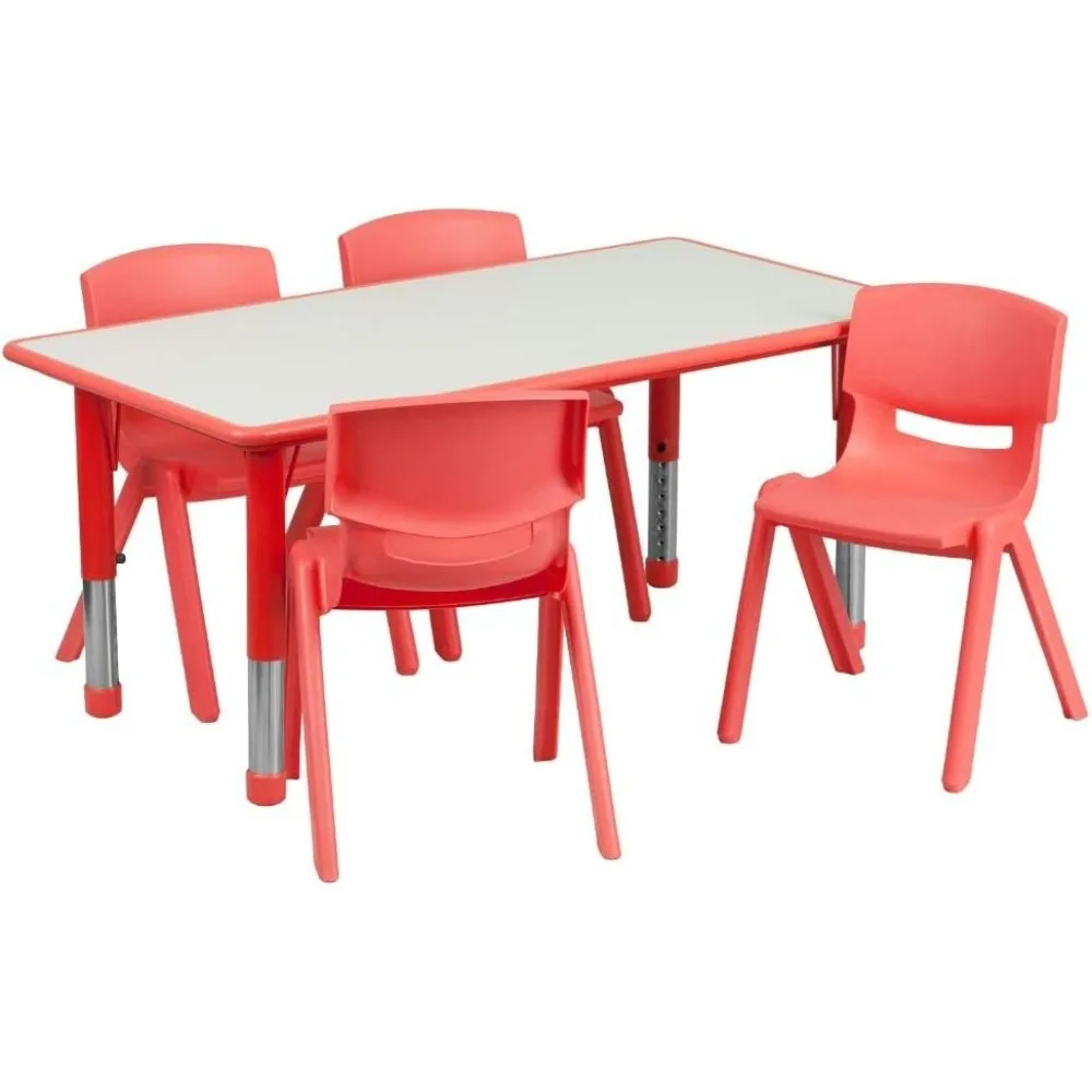 

23.625''W X 47.25''L Rectangular Red Plastic Height Adjustable Activity Table Set with 4 Chairs， Kids Study Table and Chair