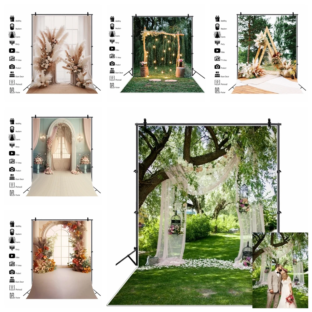 

Spring Wedding Backdrops Flower Green Grass Tree Curtain Birthday Party Picnic Outdoor Scenic Photo Backgrounds For Photo Studio