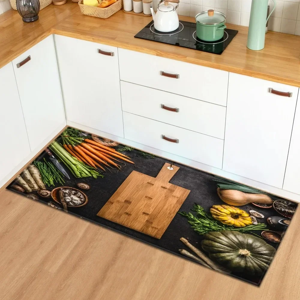 Non Slip Washable Kitchen Food Pattern Runner Mat Vegetable Meal Design Rug for Kitchen Counter Area Home Decor Floor Carpet