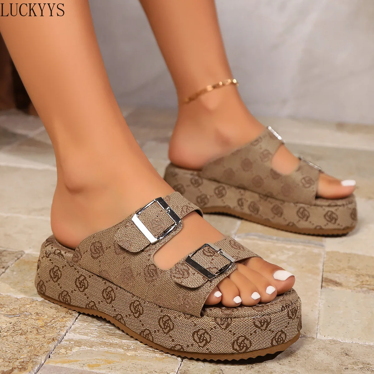 

Summer Holiday Printing Women Slippers Vacation Travel Beach Double-buckle Sandals Fashion Platform Home Slippers Slides Women