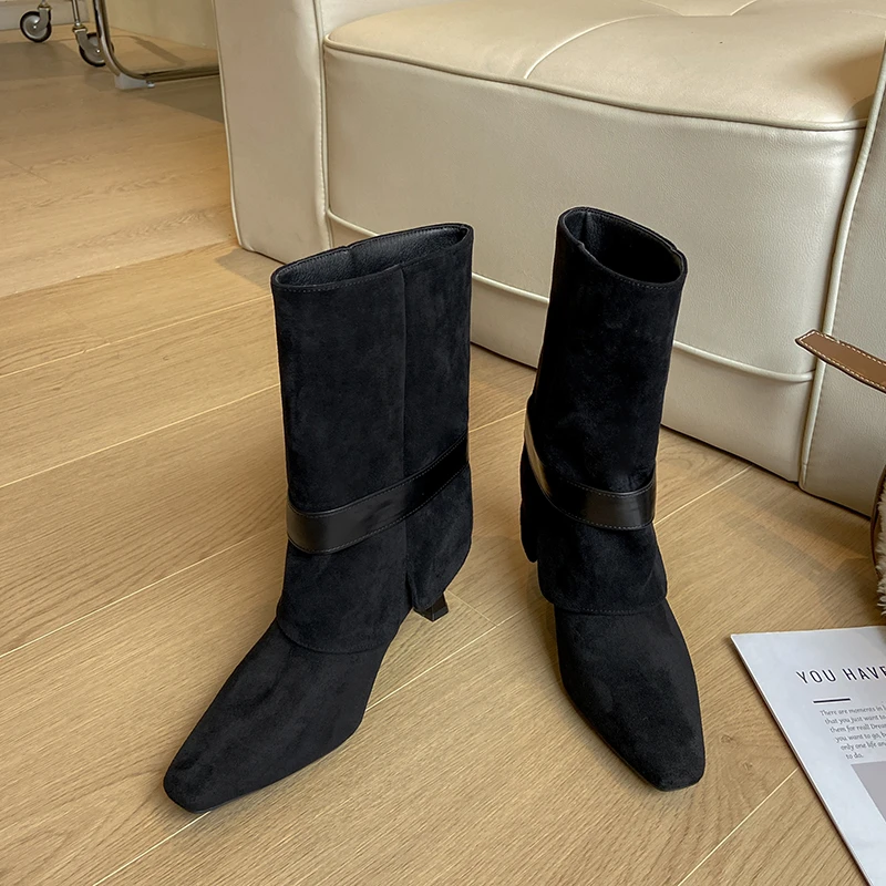 YUYIN Ankle Boots Women Chunky Mid Heels Suede Shoes Woman Pointed Toe 2027 Trend Winter New Goth Walking Snow Chelsea