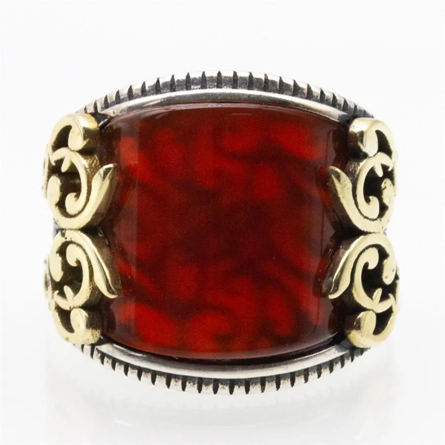 Wholesale Real 925 Sterling Silver Male Ring Vintage Turkish Finger Ring Natural Red Agate Stone Ring Silver