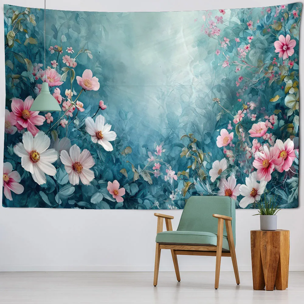 Elegant Romantic Floral Tapestry Wall Hanging Cloudy Sky Theme Home Decor for Living Room Bedroom Dormitory