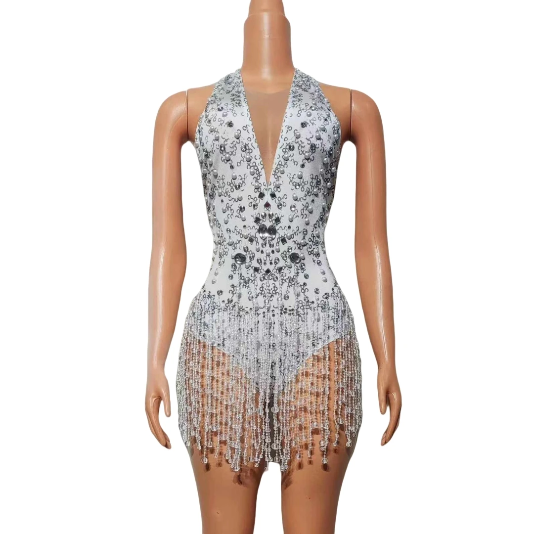 

Party Cheerleader Body Suits Sparkly Beaded Tassel Bodysuits For Women Birthday Show Performance Costume Stage Wear Nightclub