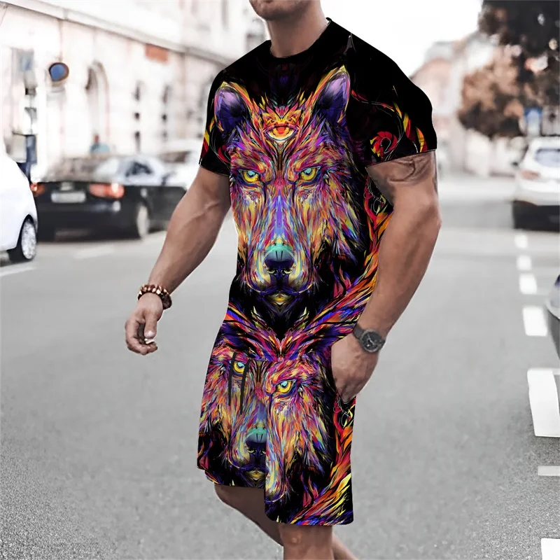 Animal Wolf 3d Printed T-shirt Casual Men's Top Shorts 2 Piece Set Men's Fashion Sports Men's Short Sleeve Set 2 Pieces Cloths