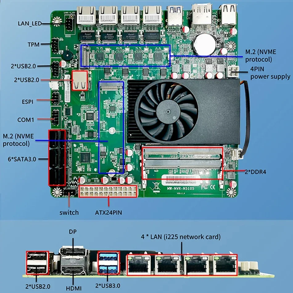 N5105 Industrial Motherboard NAS Motherboards 4 Cores 4 Threads Low Power Processor 4x2.5G i225 Network 2 M.2 Slot 6xSATA DP HD