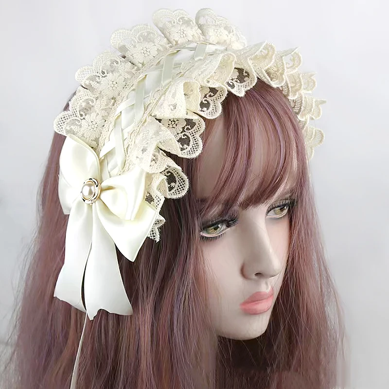 1 pz ragazze lolita pizzo increspato fascia fiocco di nastro fascia per capelli con forcine dolce stella ricamo anime cameriera cosplay copricapo