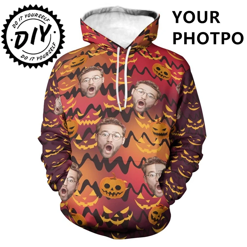 Funny Halloween Holiday Party Personalized Photo Hoodie Casual Diy Image Sweatshirts Custom Face Pullovers Pumpkin Bat Hoody Top