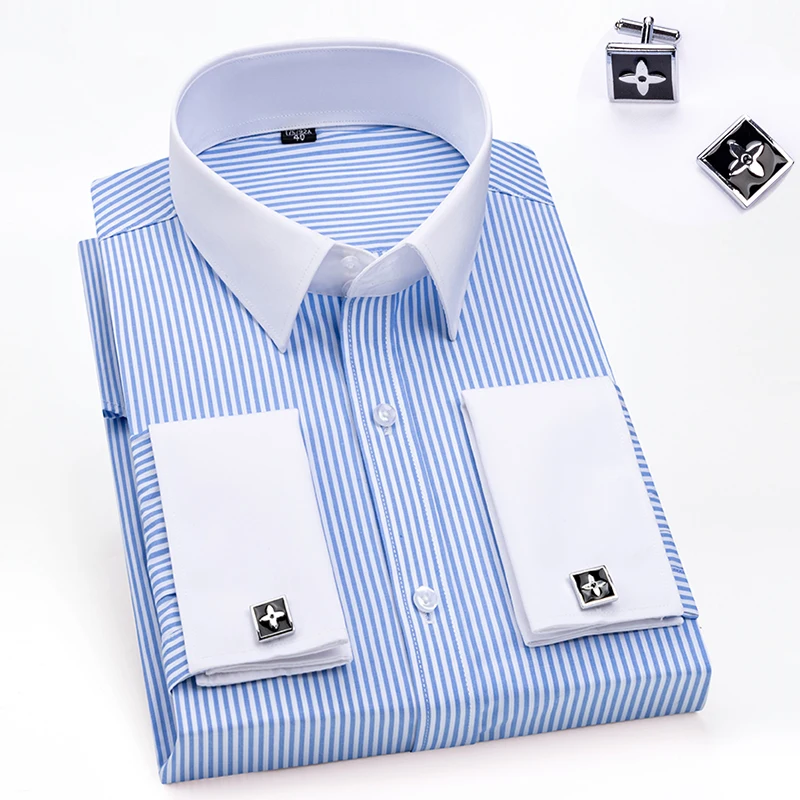 Men's French cufflinks shirt, long sleeved slim fit, contrasting collar, pink striped business formal dress, men's top