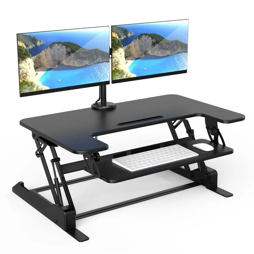 Standing Desk Converter Dual Monitor, 2 Screen Mounts Included, Height Adjustable Desk Riser in Black, Stand Up Desk Convertor