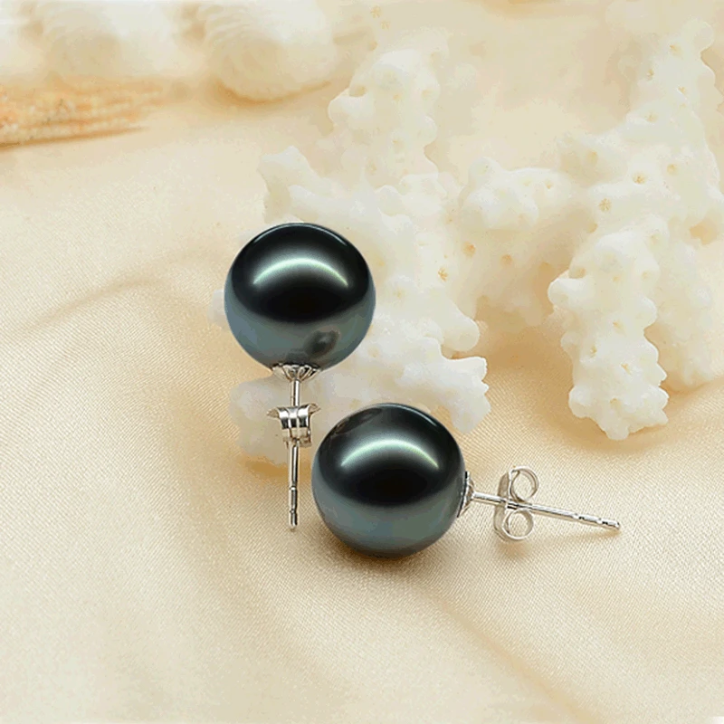 Earrings 11-12mm Natural Sea Round Black Pearls Stud Earrings for Women Classic Fine Free Shipping 925 sterling silver