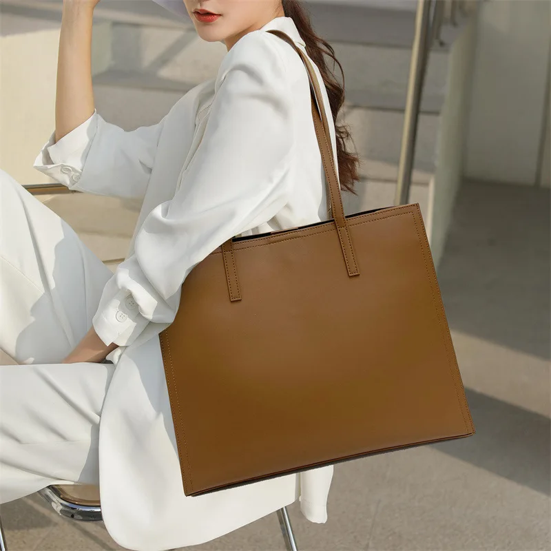 Lady Large Capacity Split Leather Handbag Solid Color Female Tote Bags Classic Travel Shopping Shoulder Bags For Women New 2022