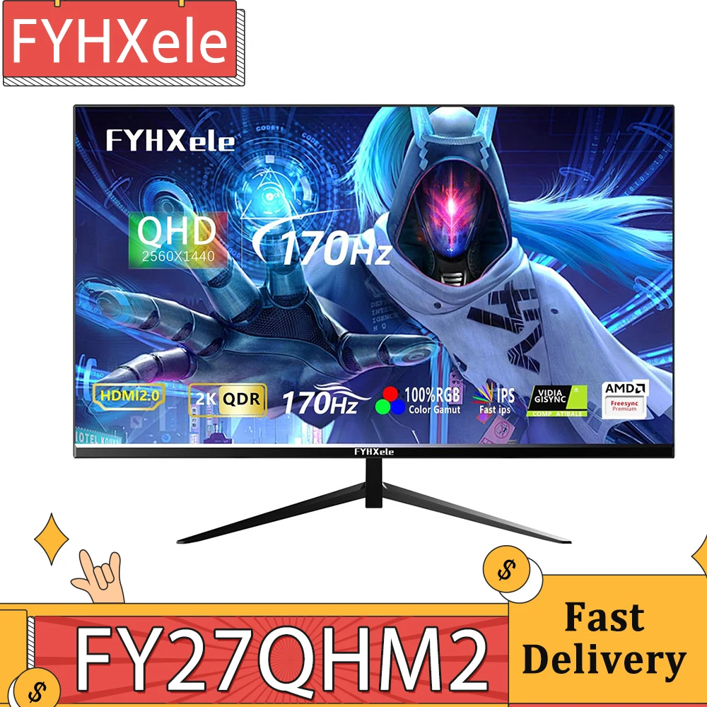 FYHXele FY27QHM2 27-inch Monitor, 2560*1440 QHD 16:9 IPS Screen, 170Hz Refresh Rate, 1ms GTG Response Time, 100% sRGB, FreeSync