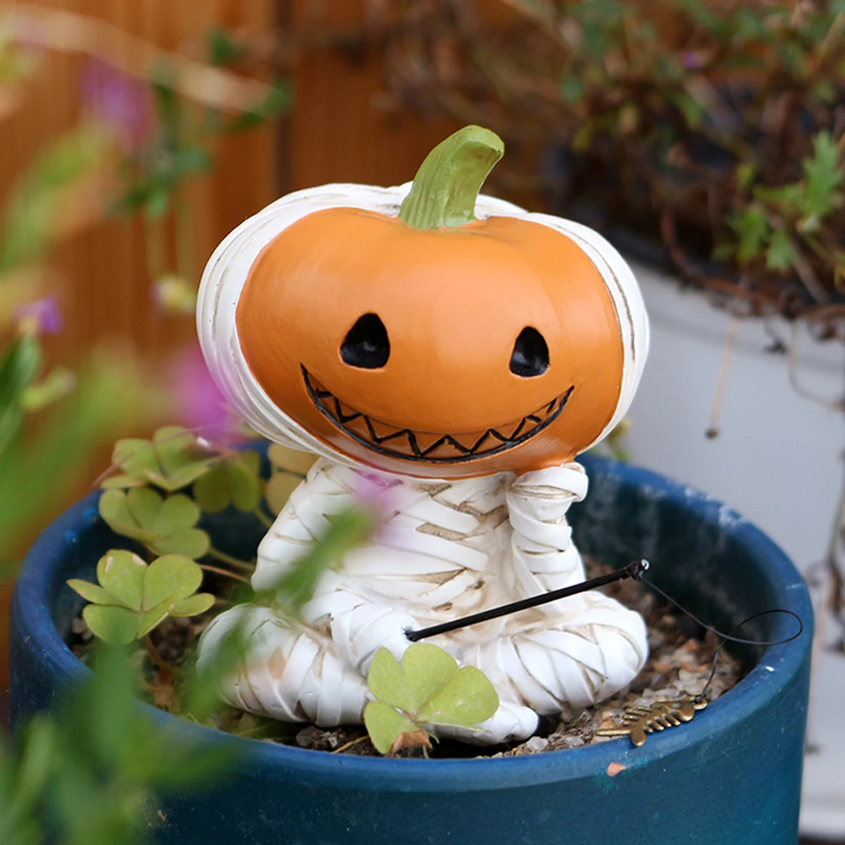 Bandaged Mummy, Pumpkin, Fishing Man Figurine, Halloween Quirky Atmosphere Decoration, Succulent Plant, Pond, Rockery, Desktop Creative Resin Landscape Figurine