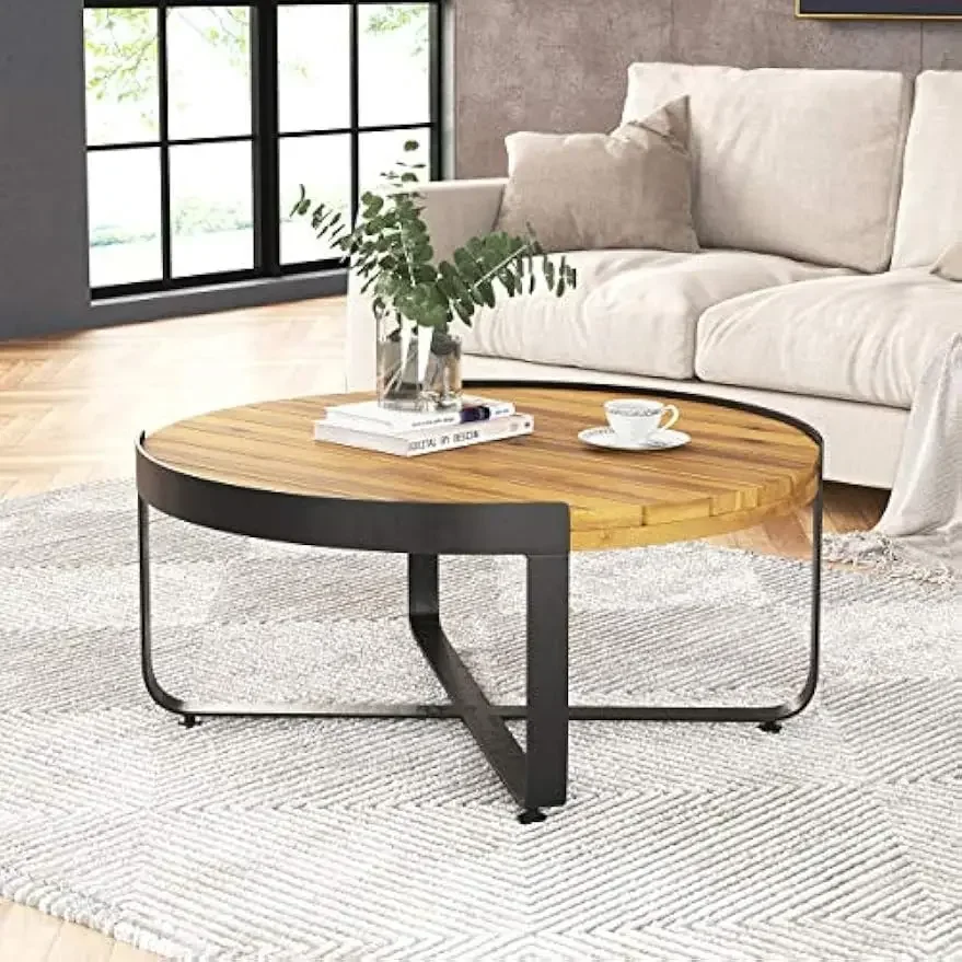 

Tracy Outdoor Modern Industrial Acacia Wood Coffee Table, Teak Finish, Black