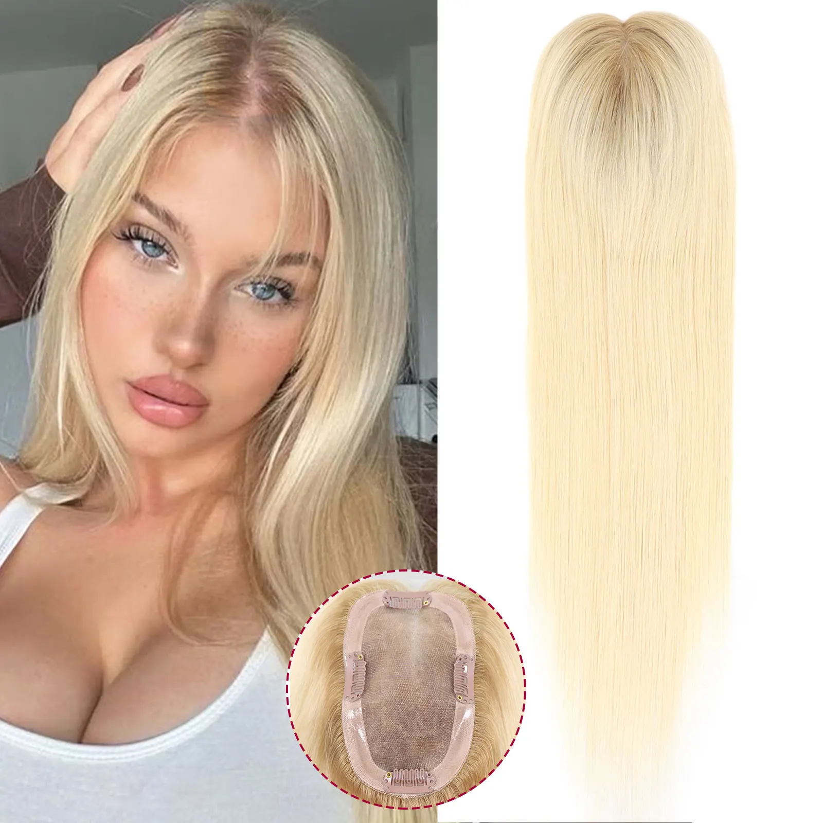 

16-дюймовые светлые топперы из человеческих волос с темными корнями для женщин, прямые заколки для волос, наращивание волос для женщин, парик