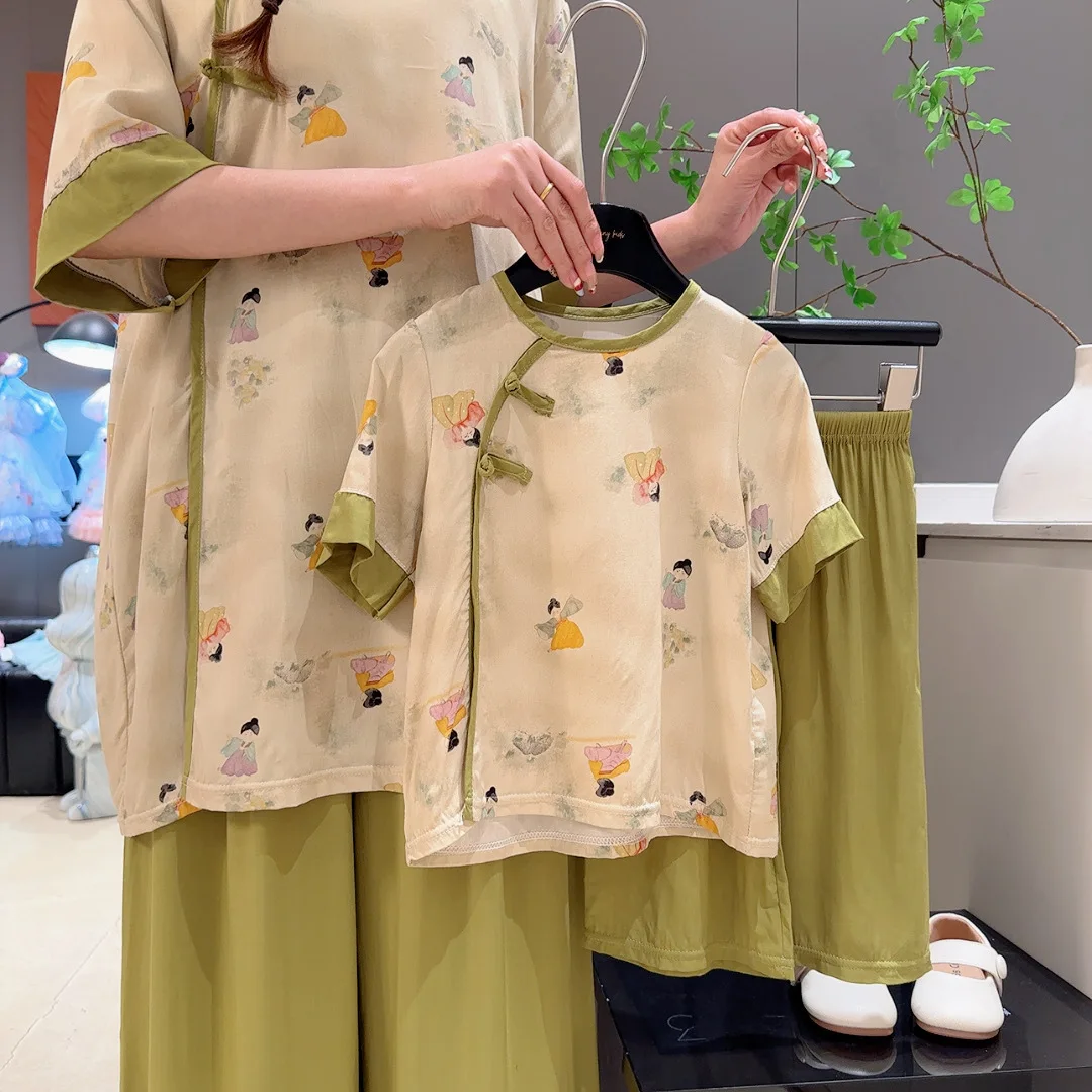Summer Girls Cotton and Silk Set New Chinese National Style Baby Short Sleeve Nine-Point Pants Set 4