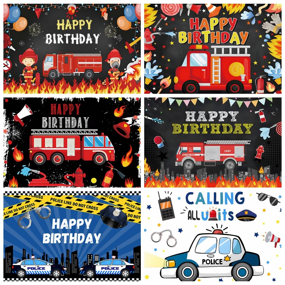 

Police Firefighter Theme Backdrop Fire Truck Fireman Policeman Car Hero Boy Baby Birthday Party Photography Background Decor