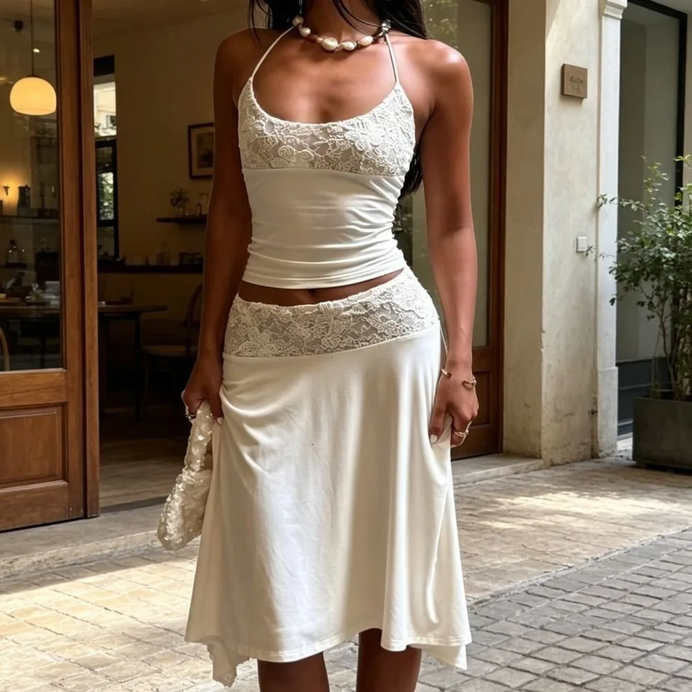 Solid Color Two Piece Dress Set Short Sleeve Ruched Design A-Line Skirt Suit Bodycon Halter Neck Lace Patchwork Dress