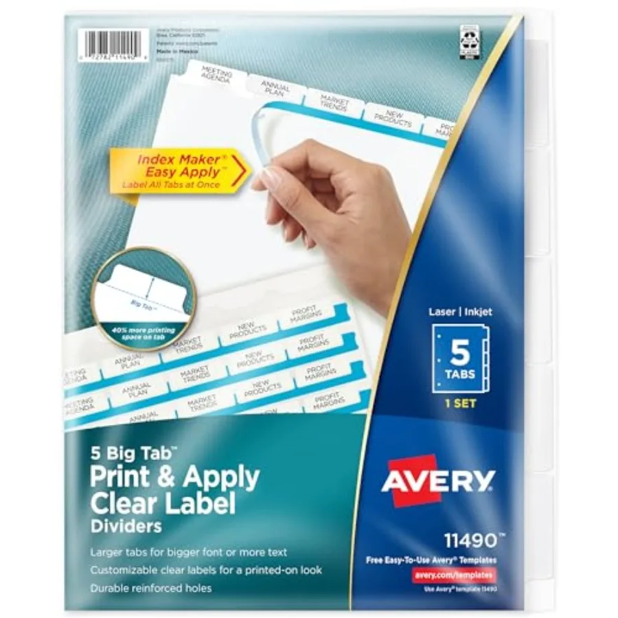 

5 Big Tab for 3 Ring Binder Easy Print and Apply Clear Label Strip Index Maker Customizable White Tabs 1 Set 11490 (Pack of 6