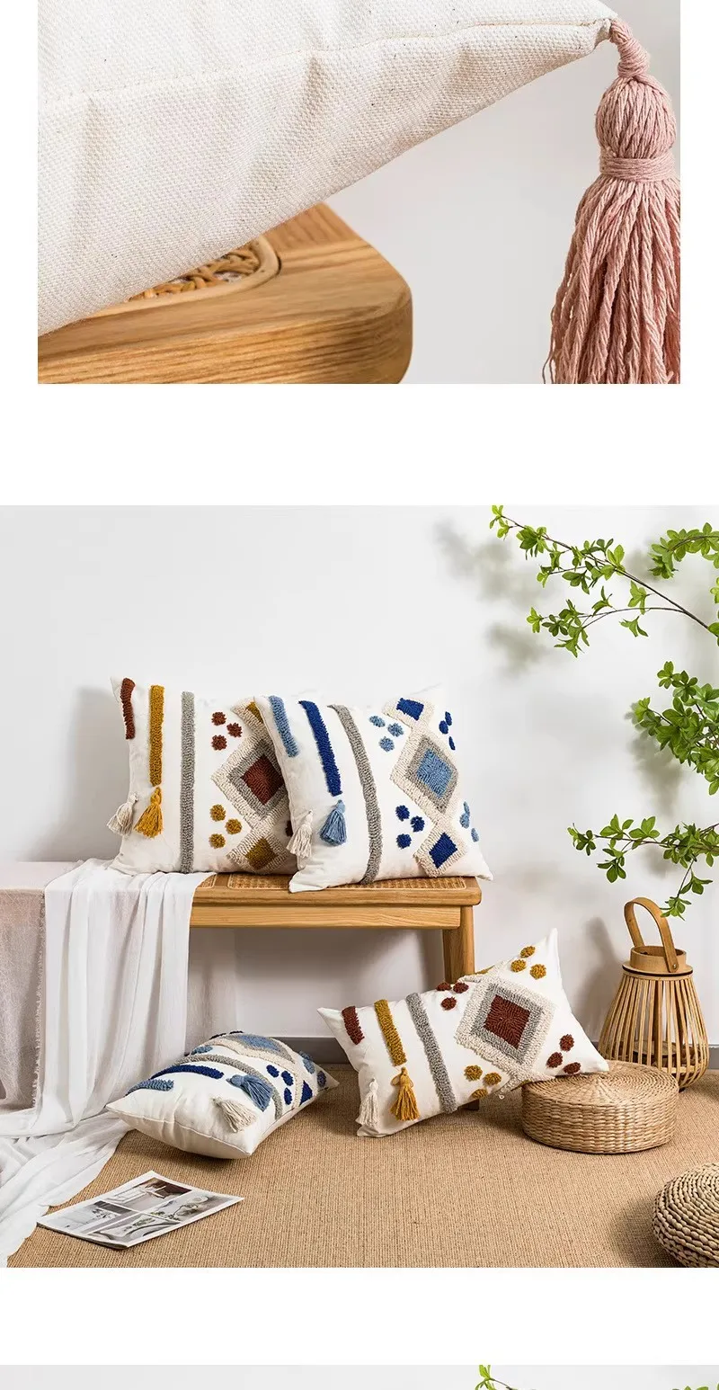 Boho Loop Tufted Kissenbezug, Baumwoll-Canvas, handgefertigter Quasten-Kissenbezug, dekorativer ethnischer bestickter Home-Decor-Kissenbezug – Detail 9